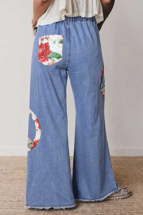 *Myosotis Floral Peace Sign Embroidered Patch Wide Leg Jeans