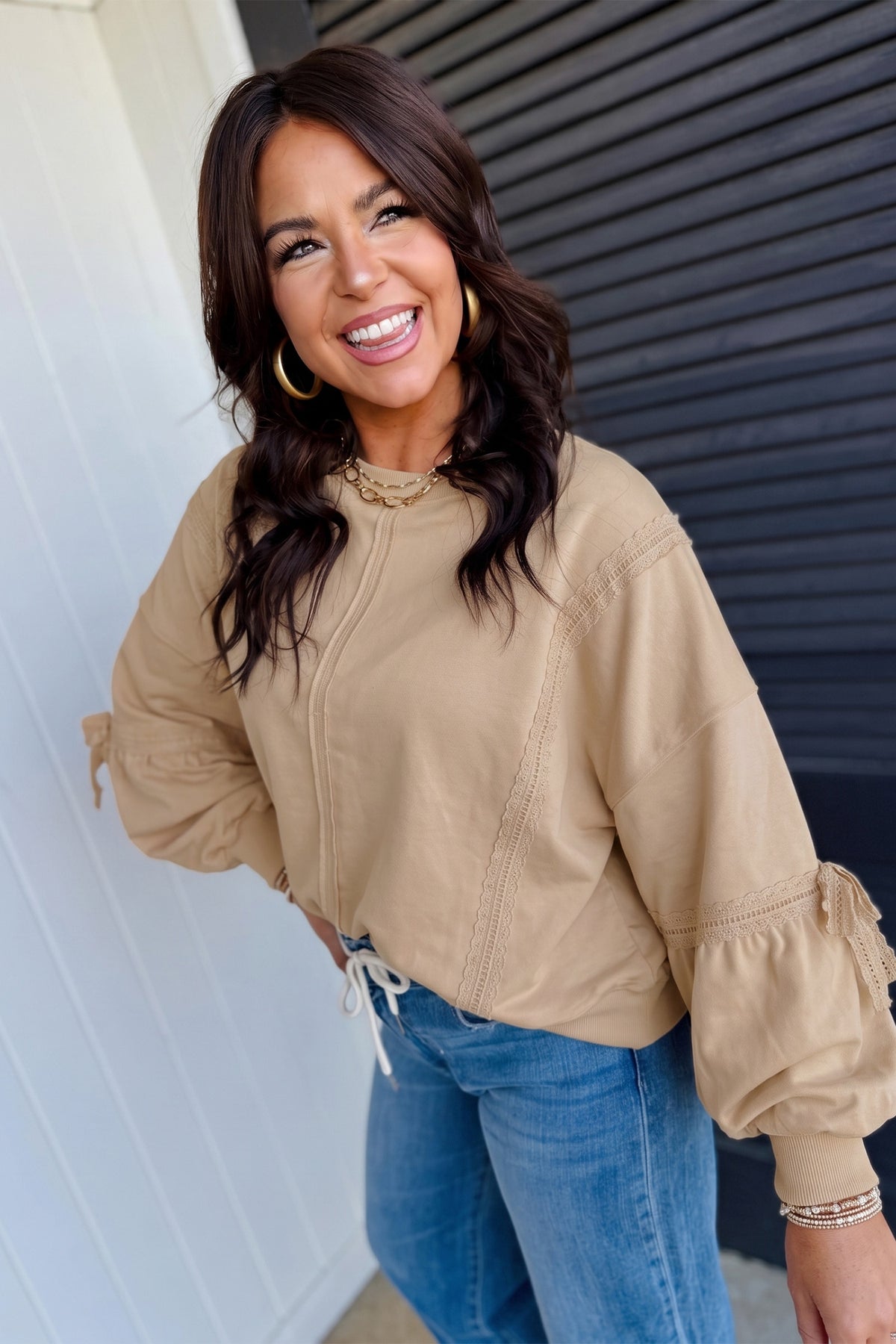*Parchment Solid Color Raw Seam Lace Detail Loose Casual Sweatshirt