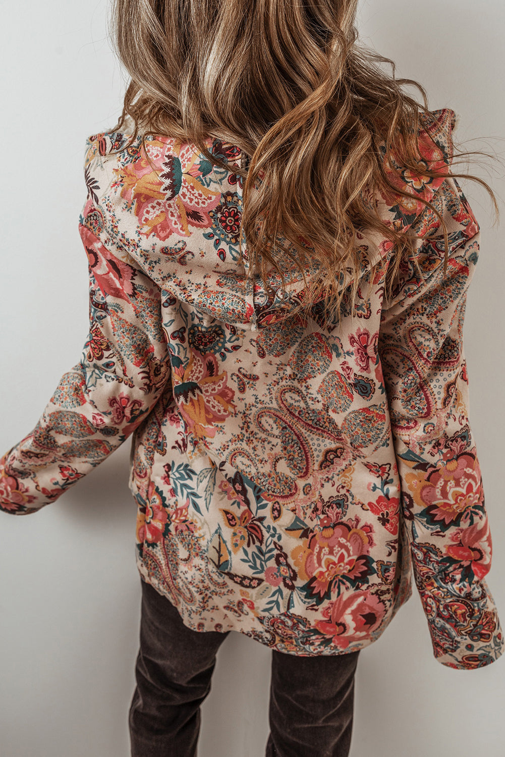 *Khaki Vintage Floral Printed Sherpa Lined Hooded Jacket