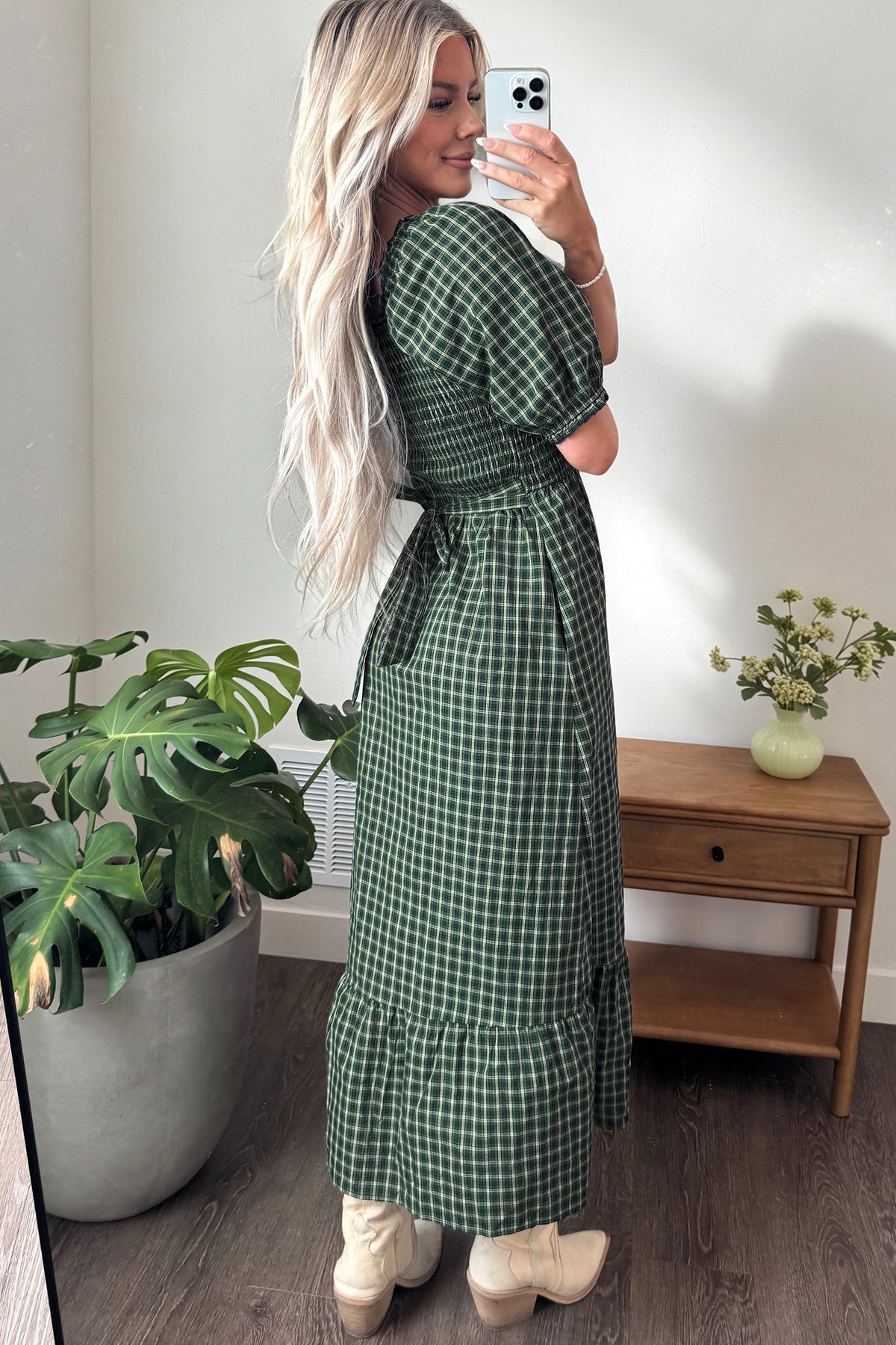 *Green Plaid Square Neck Shirred High Waist Ruffle Hem Dress