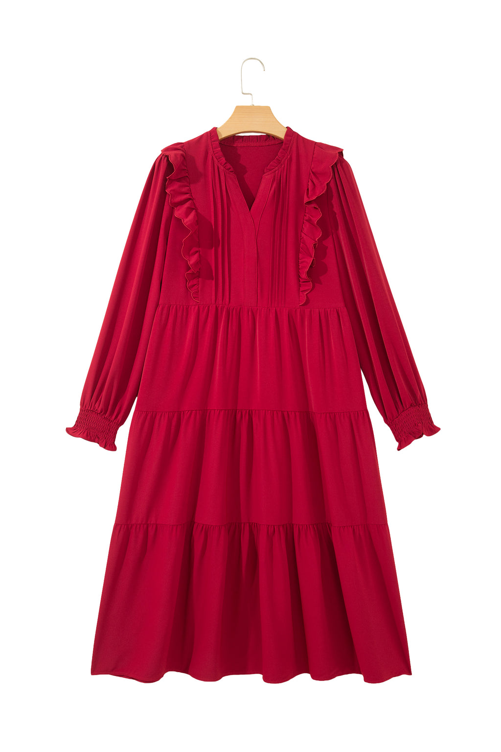 *Racing Red Solid Color Ruffle Trim Long Sleeve Tiered Shift Midi Dress