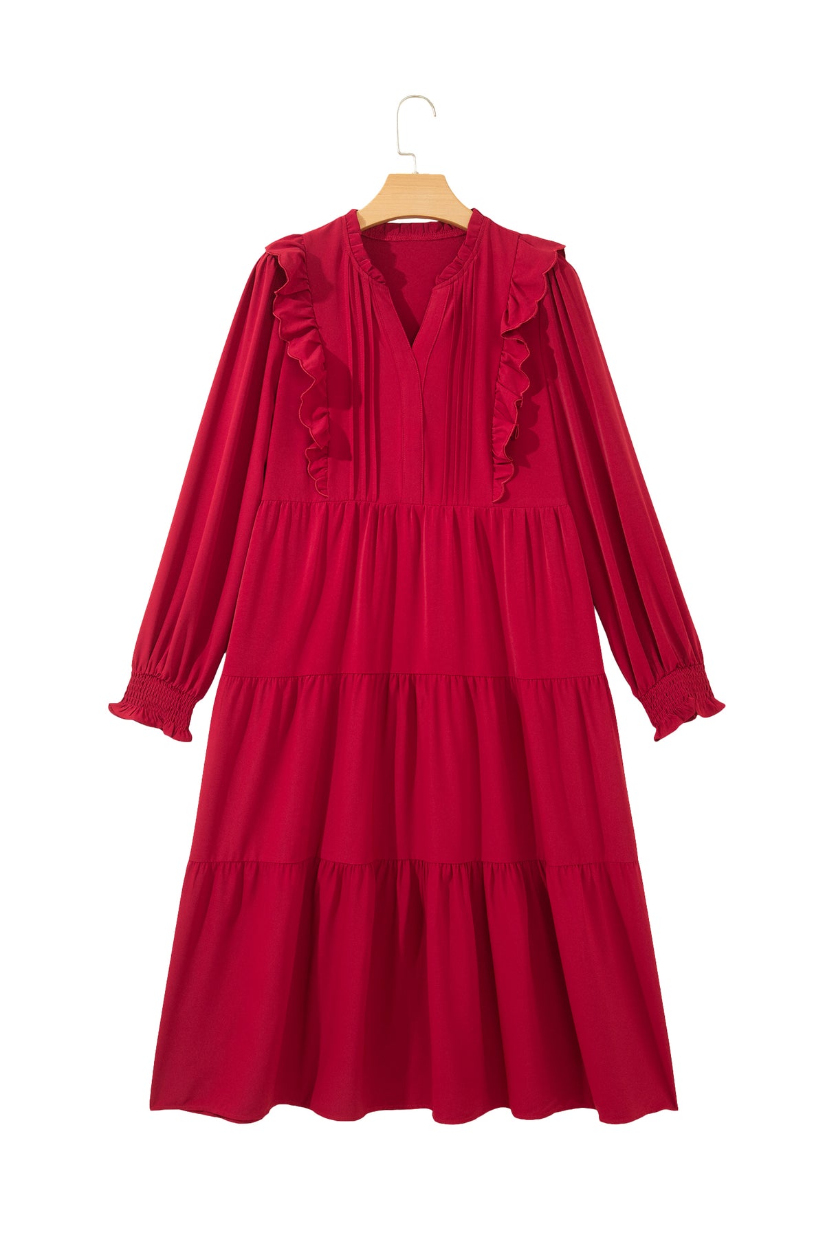*Racing Red Solid Color Ruffle Trim Long Sleeve Tiered Shift Midi Dress