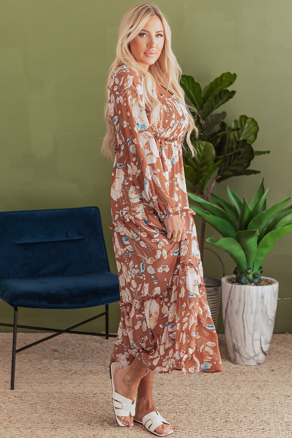 *Brown Floral Print Shirred Square Neck High Waist Maxi Dress