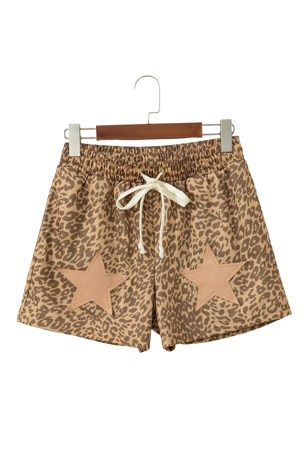 *Khaki Leopard Drawstring Elastic Waist Star Patched Shorts