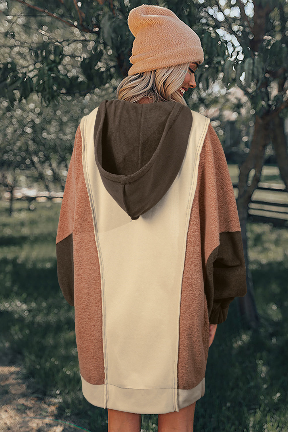 *Beige Oversized Color Block Patchwork High Low Hoodie