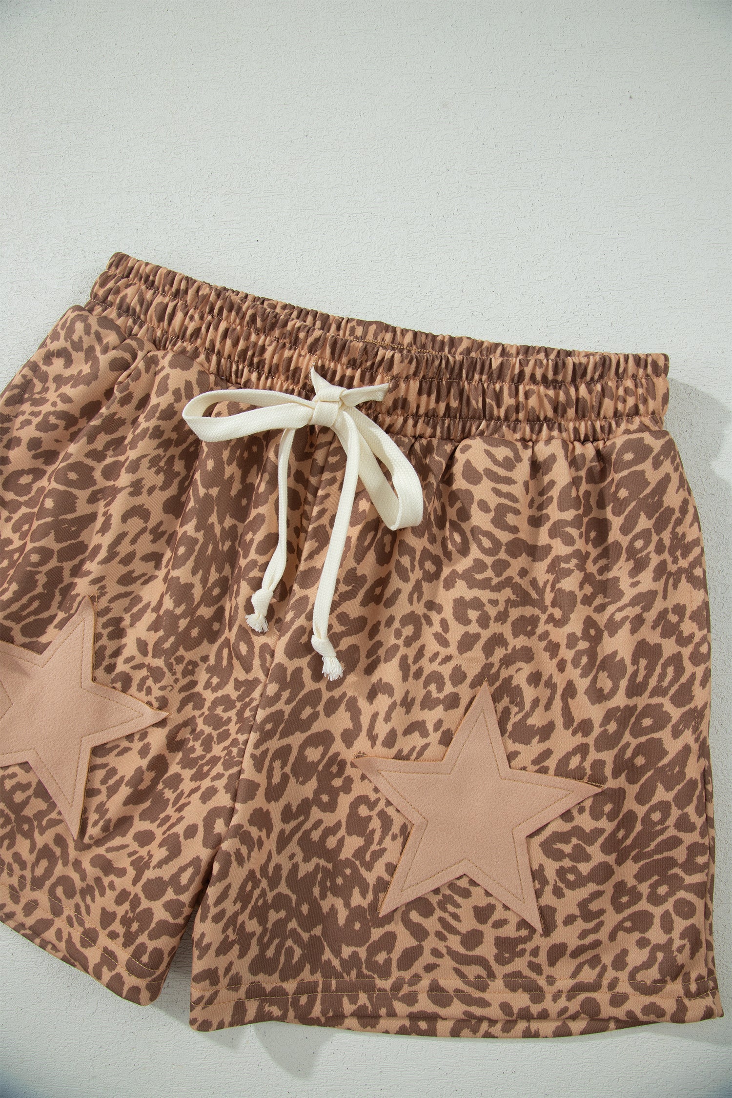 *Khaki Leopard Drawstring Elastic Waist Star Patched Shorts