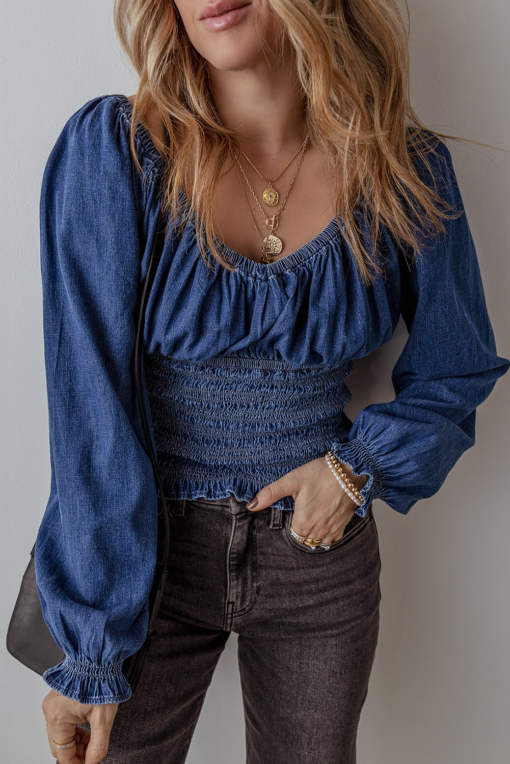 *Dark Blue Smocked Ruffled Puff Sleeve V Neck Denim Blouse