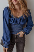 *Dark Blue Smocked Ruffled Puff Sleeve V Neck Denim Blouse