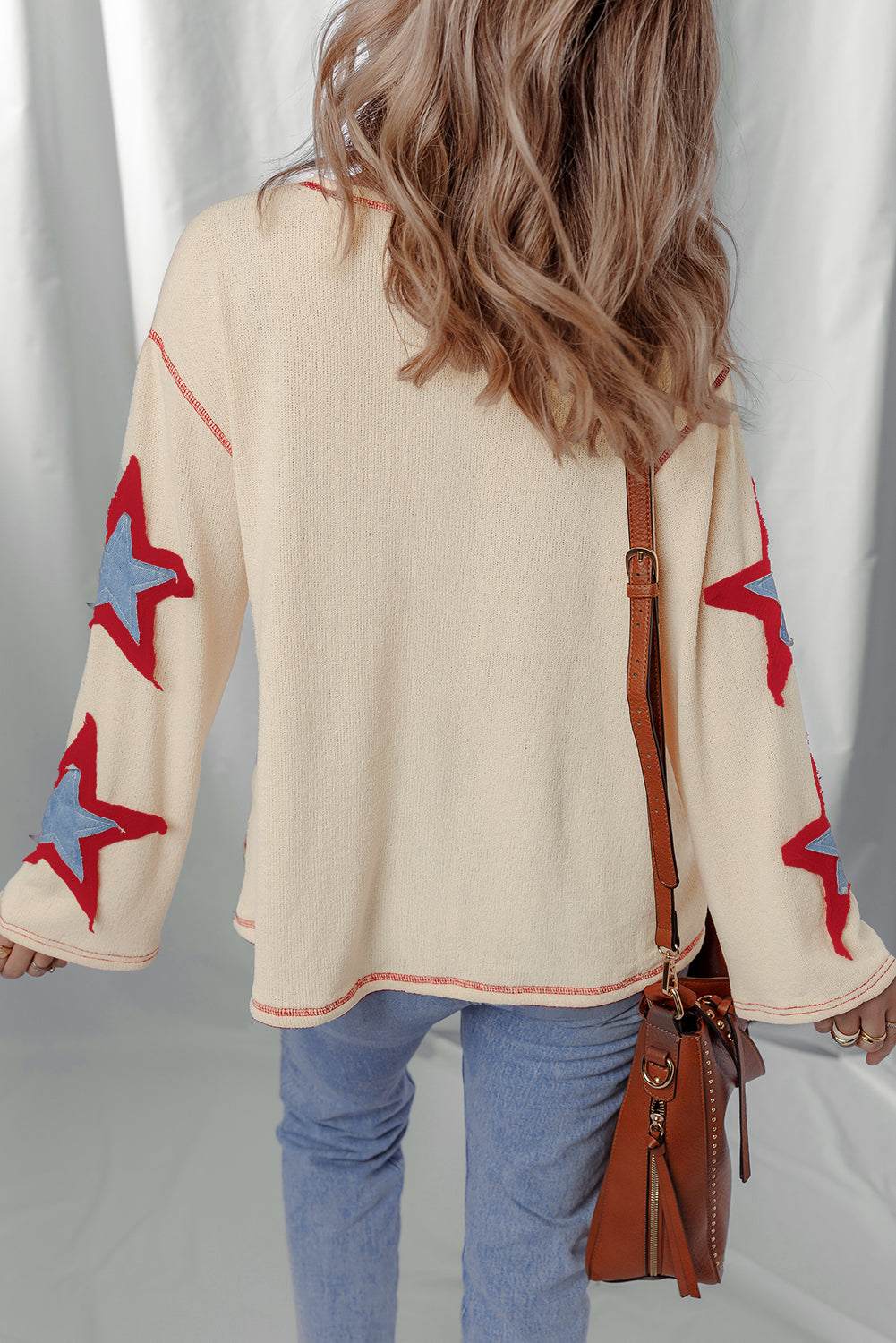 *Beige USA Star Contrast Patchwork Exposed Seam Long Sleeve Top