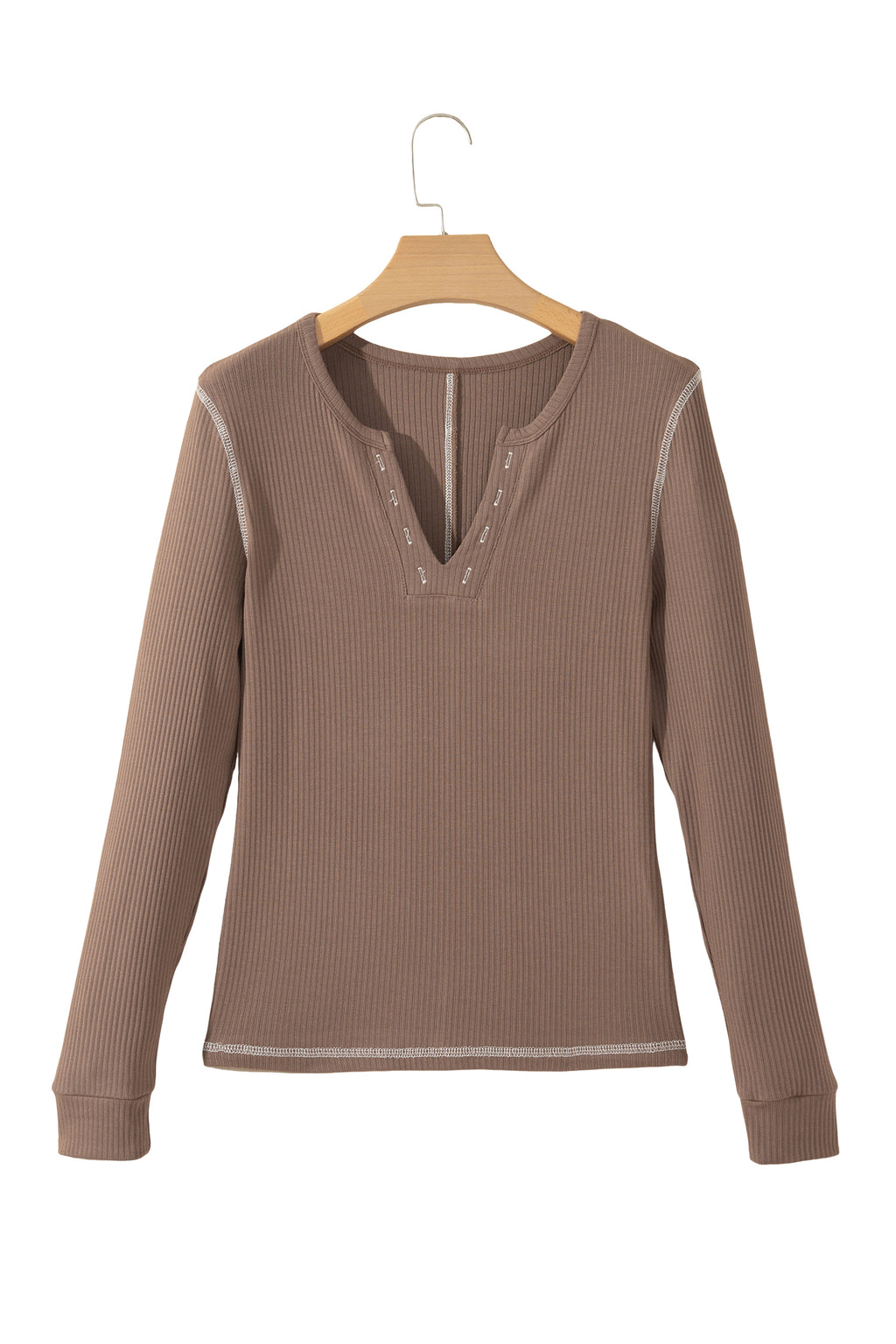 *Dark Khaki V Neck Ribbed Stitched Detail Long Sleeve Top
