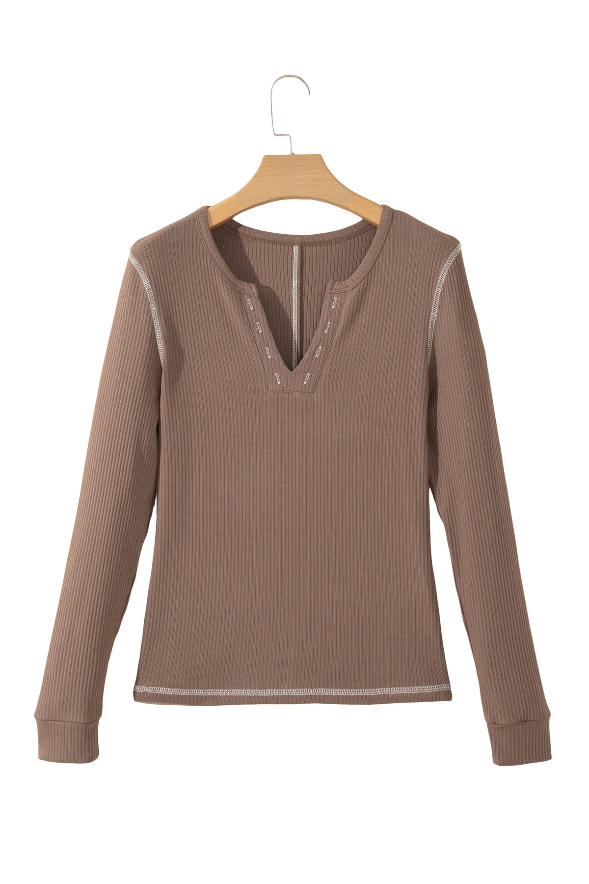 *Dark Khaki V Neck Ribbed Stitched Detail Long Sleeve Top