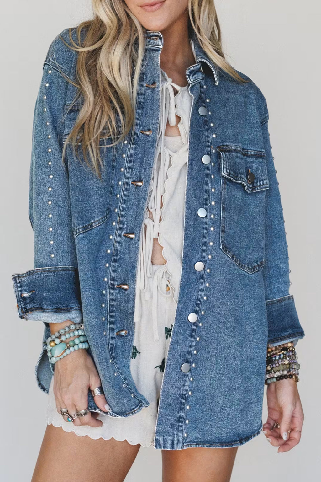 *Sail Blue Rivet Embellished Western Style Regular Fit Long Sleeve Denim Jacket