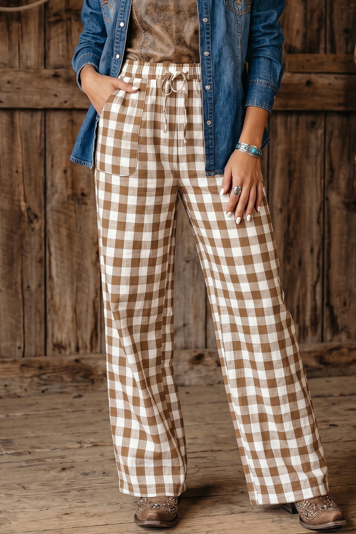*Brown Gingham Plaid Tie Elastic Waist Shift Pants