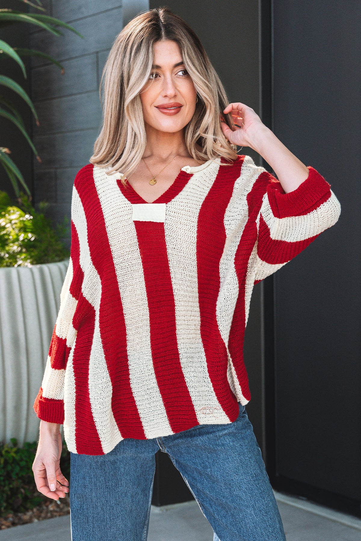 *Brown Stripe Colorblock V Neck Bracelet Sleeve Sweater