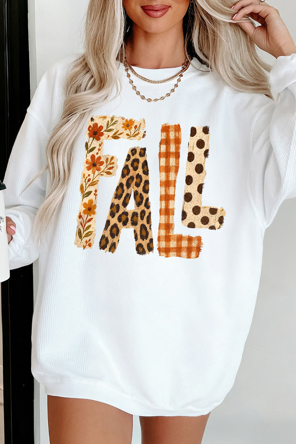 *White Fall Letter Pattern Graphic Customized Corded Sweatshirt
