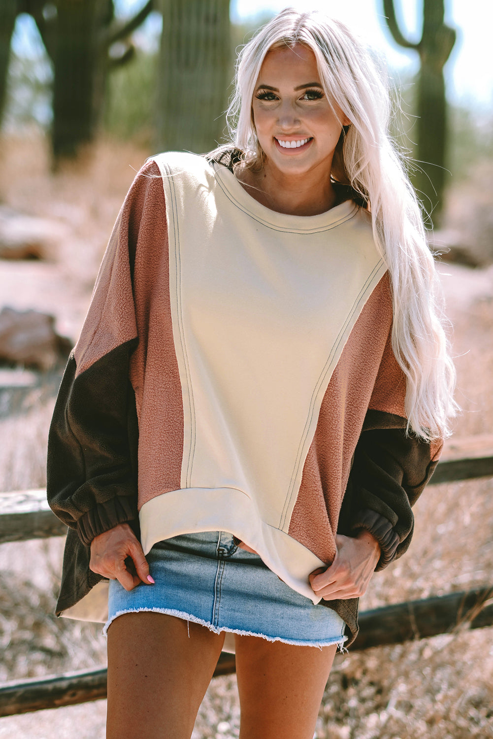*Beige Oversized Color Block Patchwork High Low Hoodie