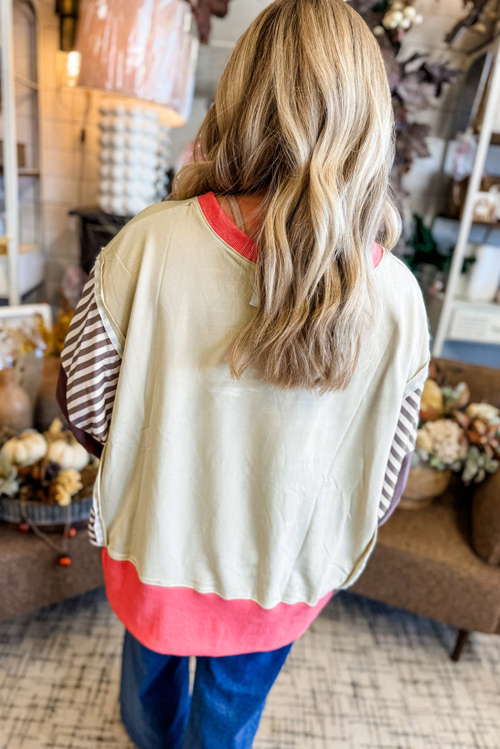 *White Color Block Striped Patchwork Dolman Slit Sweatshirt