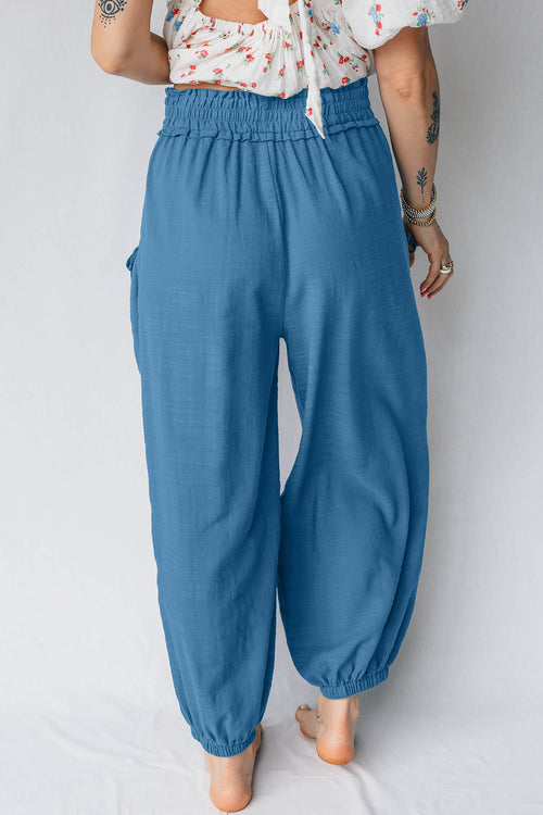 *Prussian Blue Smocked Waist Casual Jogger Style Pants