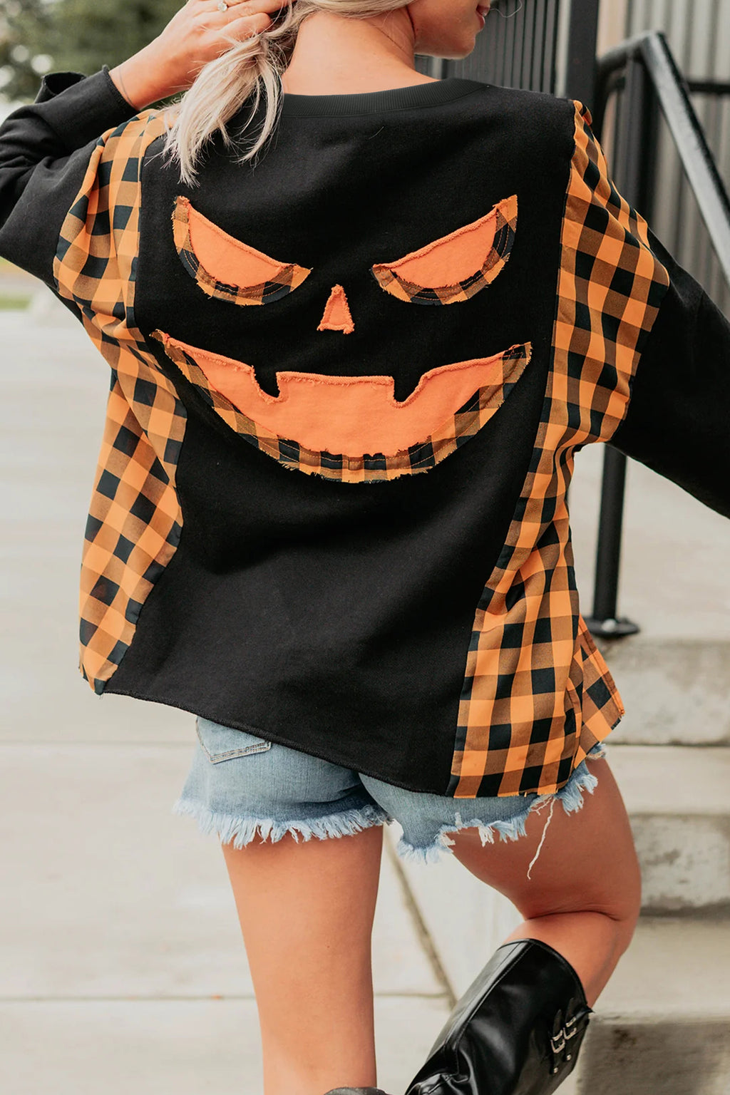 *Black Patchwork Plaid Pumpkin Face Long Sleeve Top