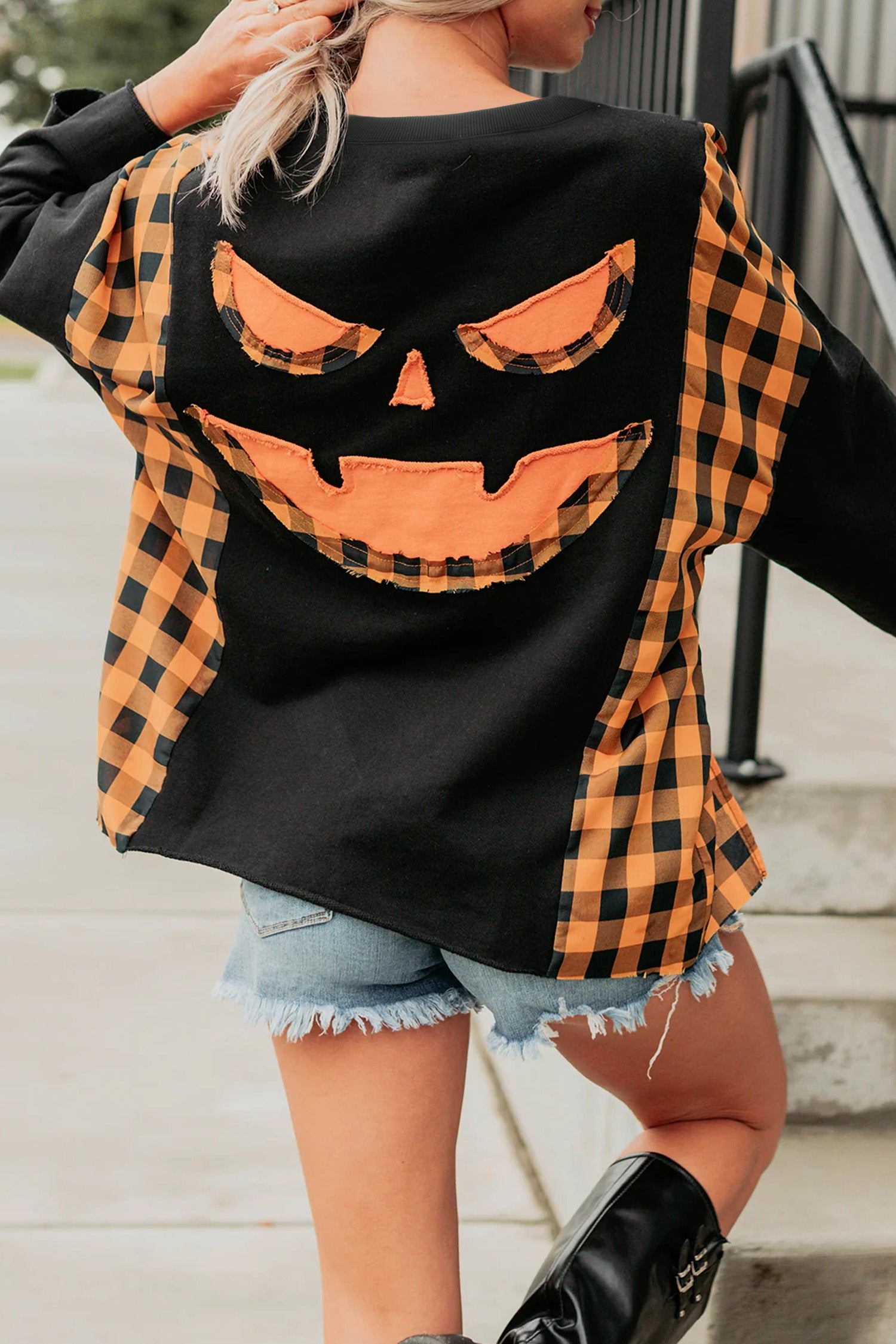 *Black Patchwork Plaid Pumpkin Face Long Sleeve Top