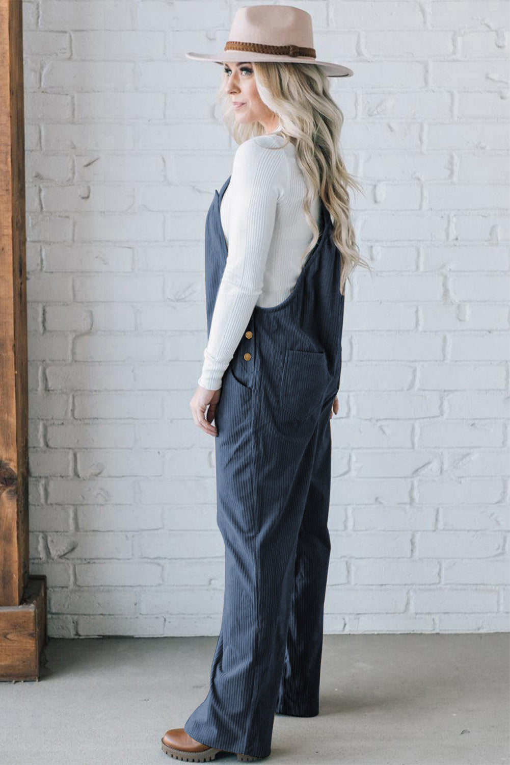 *Real Teal Button Adjustable Straps Solid Color Corduroy Jumpsuit