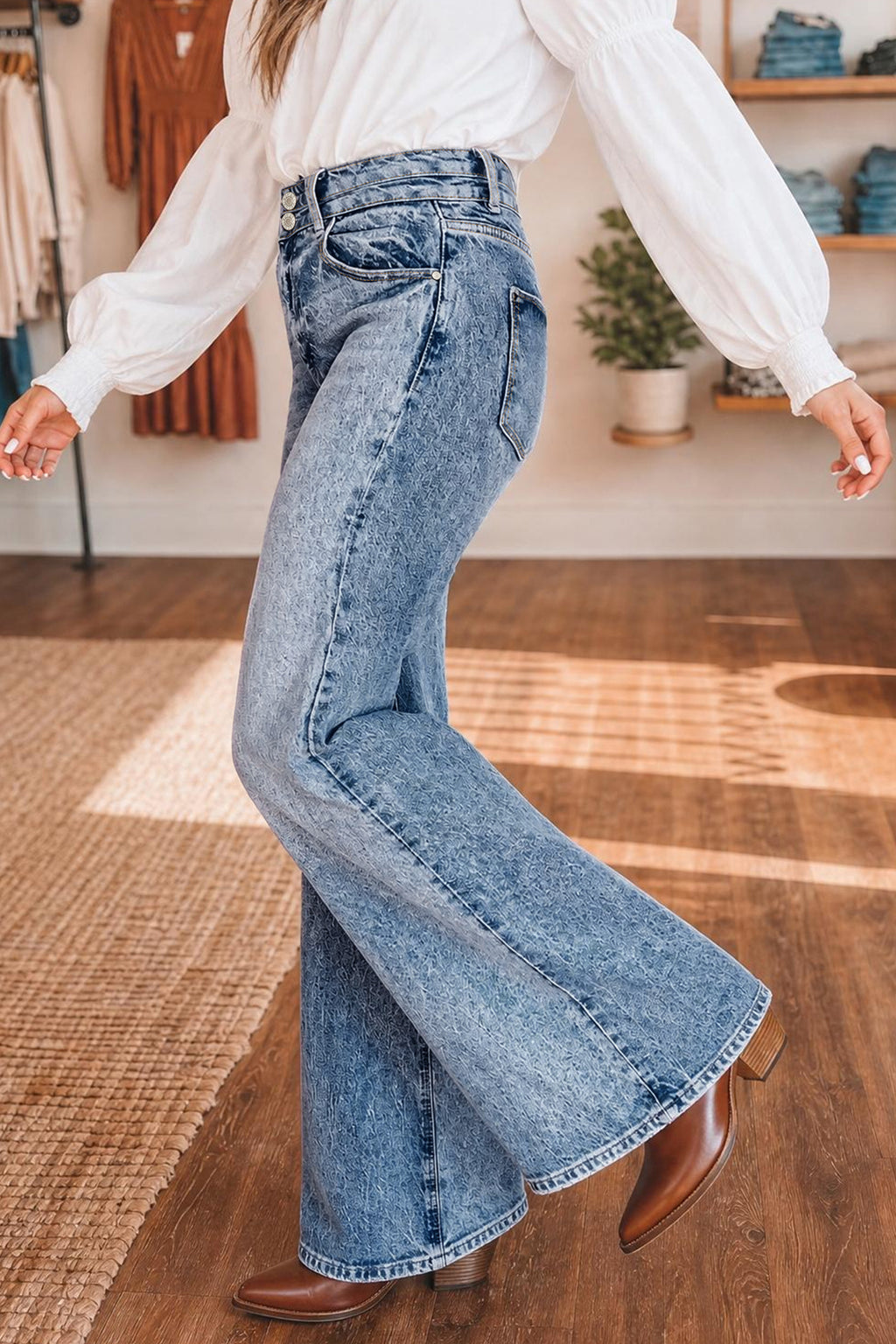 *Beau Blue Acid Wash Pocket Detail Flare Jeans