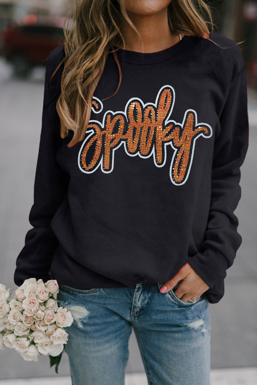 *Black Spooky Rhinestone Drop Shoulder Graphic Sweatshirt