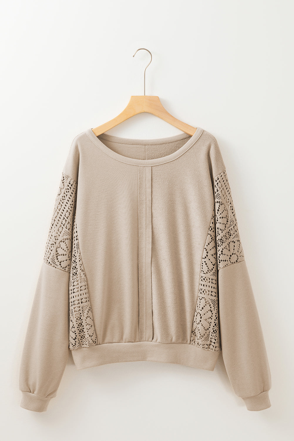 *Parchment Knit Crochet Exposed Seam Ribbed Trim Sweatshirt