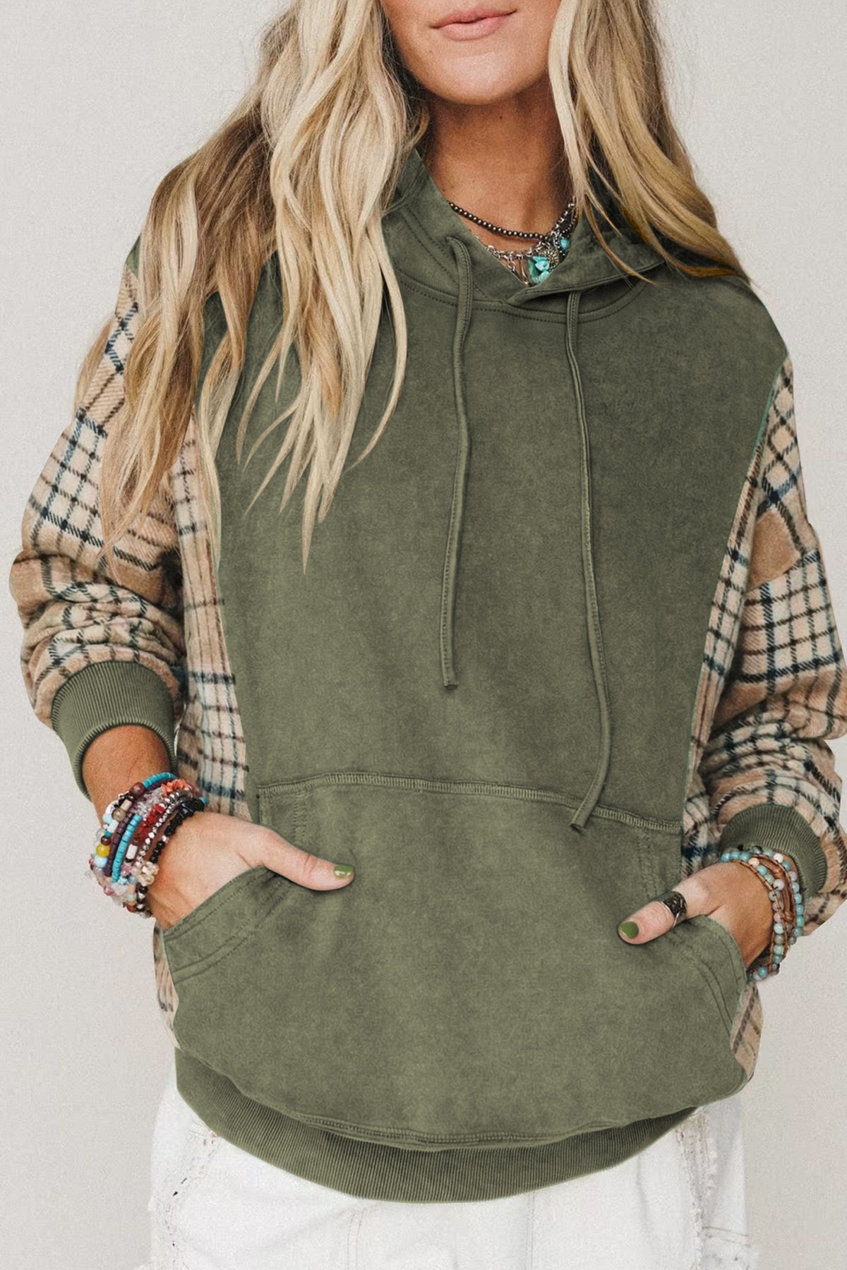 *Black Plaid Sleeve Drawstring Pocket Hooded Sweatshirt