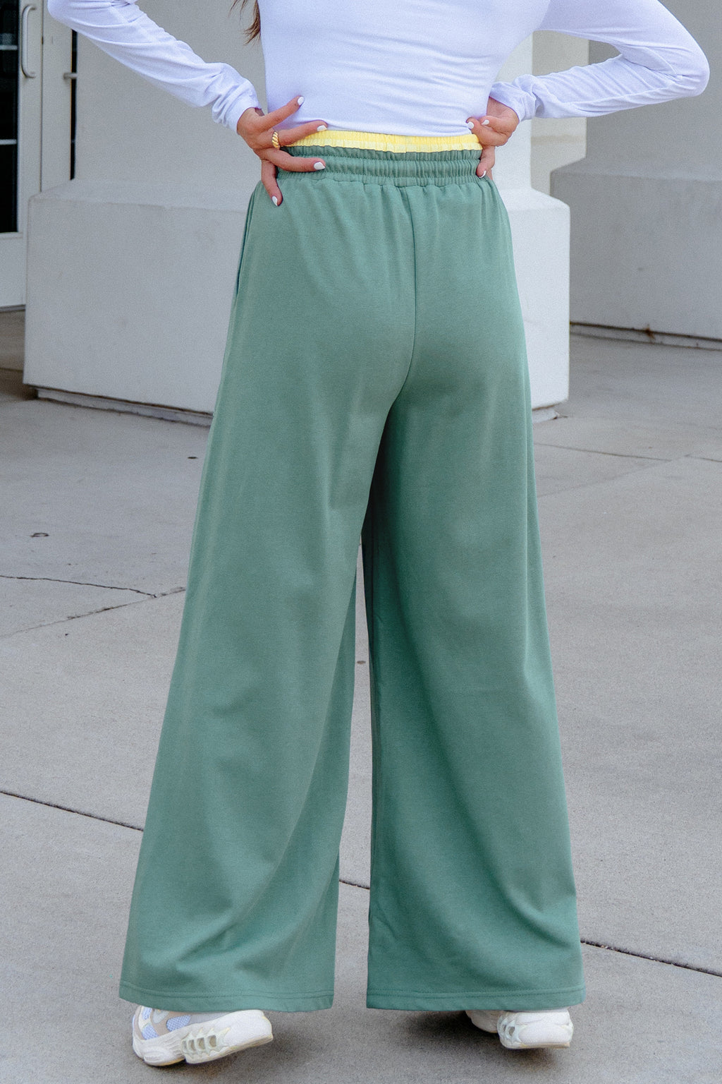 *Sea Green Color Block Flower Patchwork Drawstring Contrasted Elastic Waist Wide Leg Pants