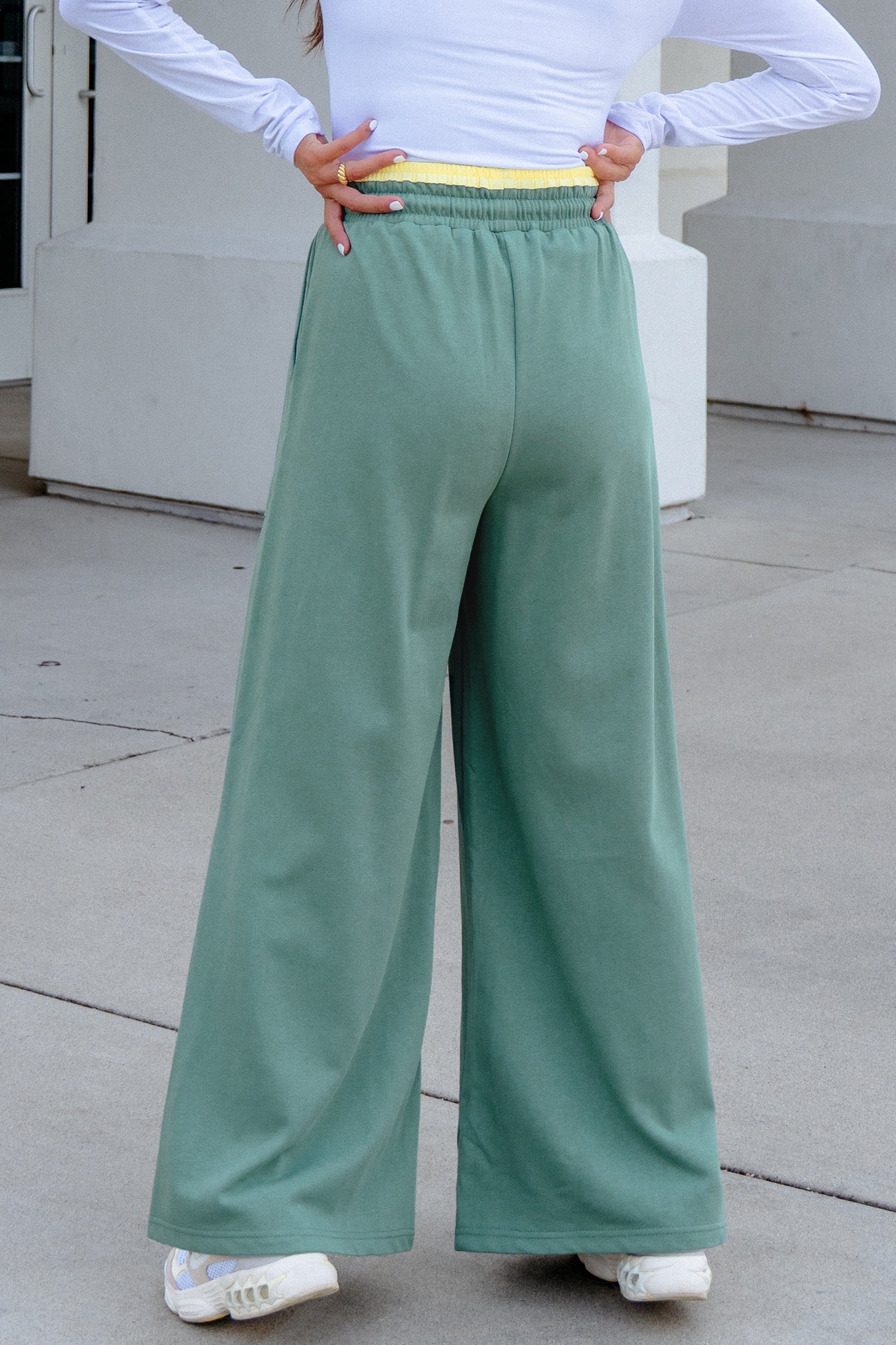 *Sea Green Color Block Flower Patchwork Drawstring Contrasted Elastic Waist Wide Leg Pants