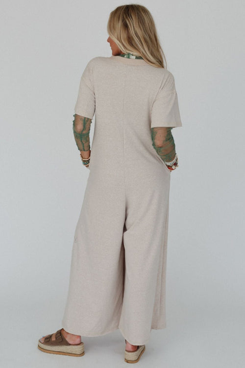 *Beige Half Placket Chest Pockets Short Sleeve Wide Leg Jumpsuit