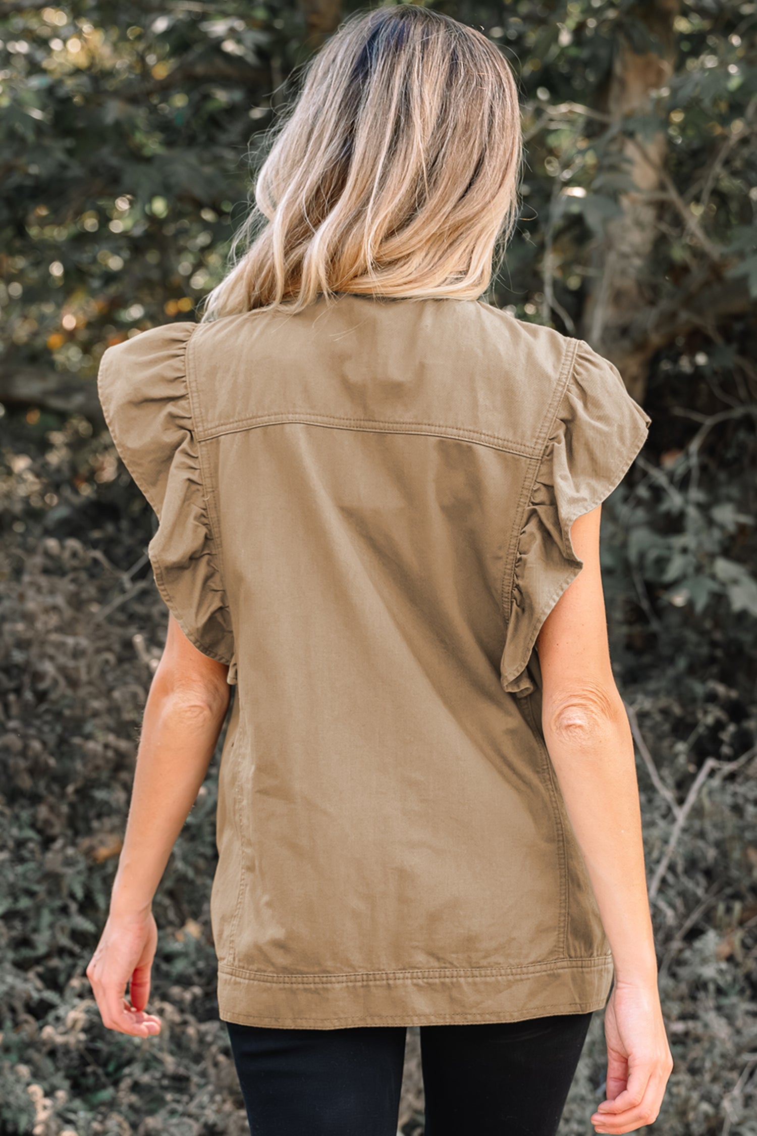 *Pale Khaki Ruffled Patchwork Denim Jacket Vest