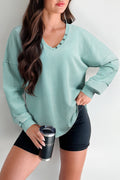 *Mist Blue Mineral Wash Exposed Seam Buttoned V Neck Pullover Top