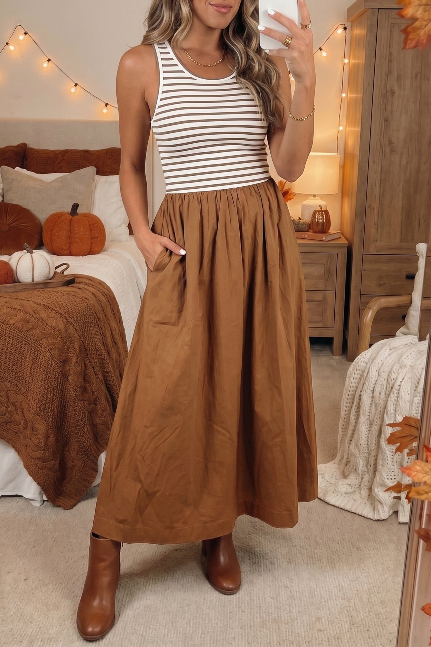 *Chestnut Striped Colorblock Patchwork Sleeveless Casual Long Dress