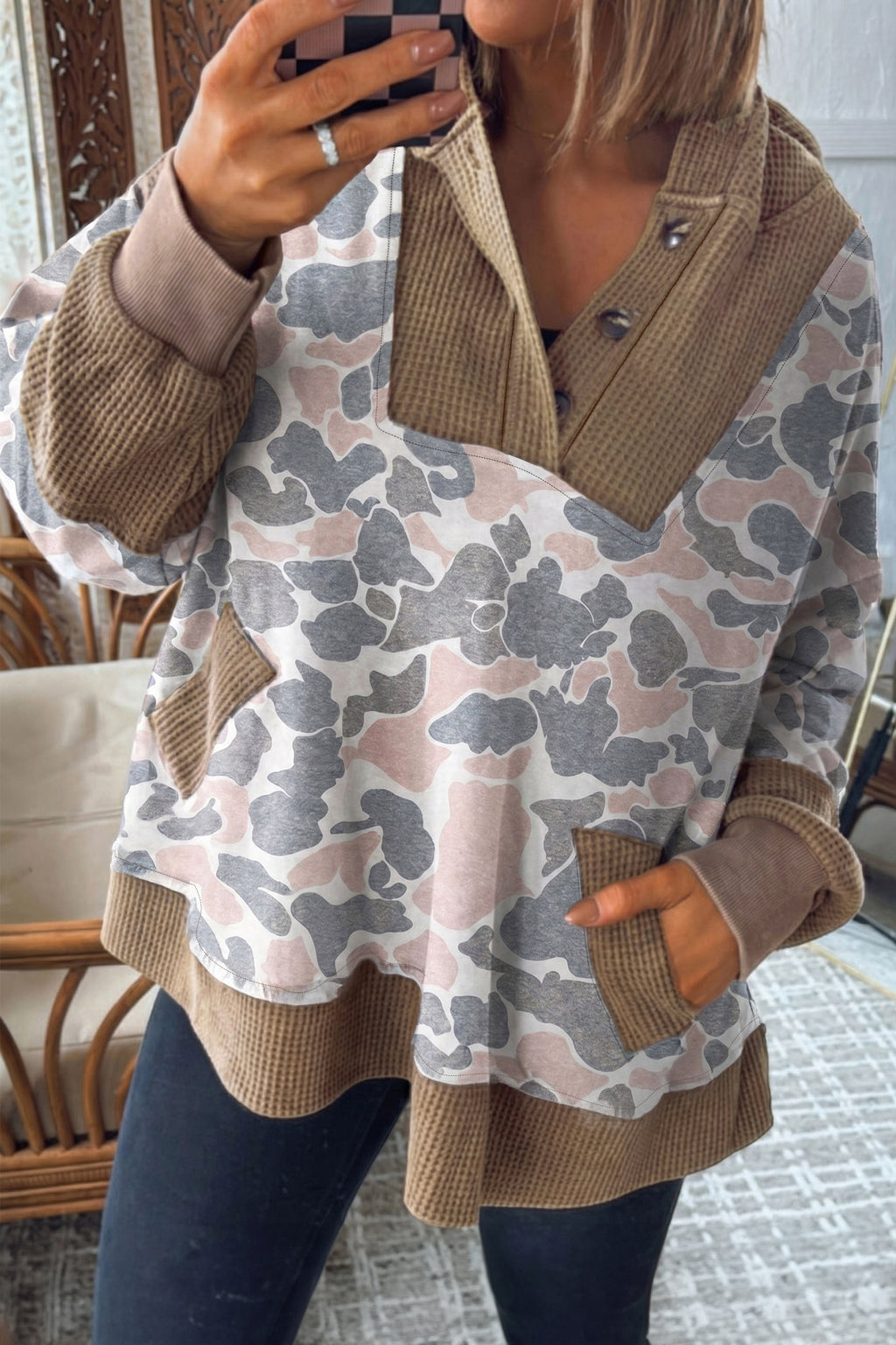 *Khaki Camouflage Print Waffle Knit Patchwork Half Zip Plus Size Hoodie