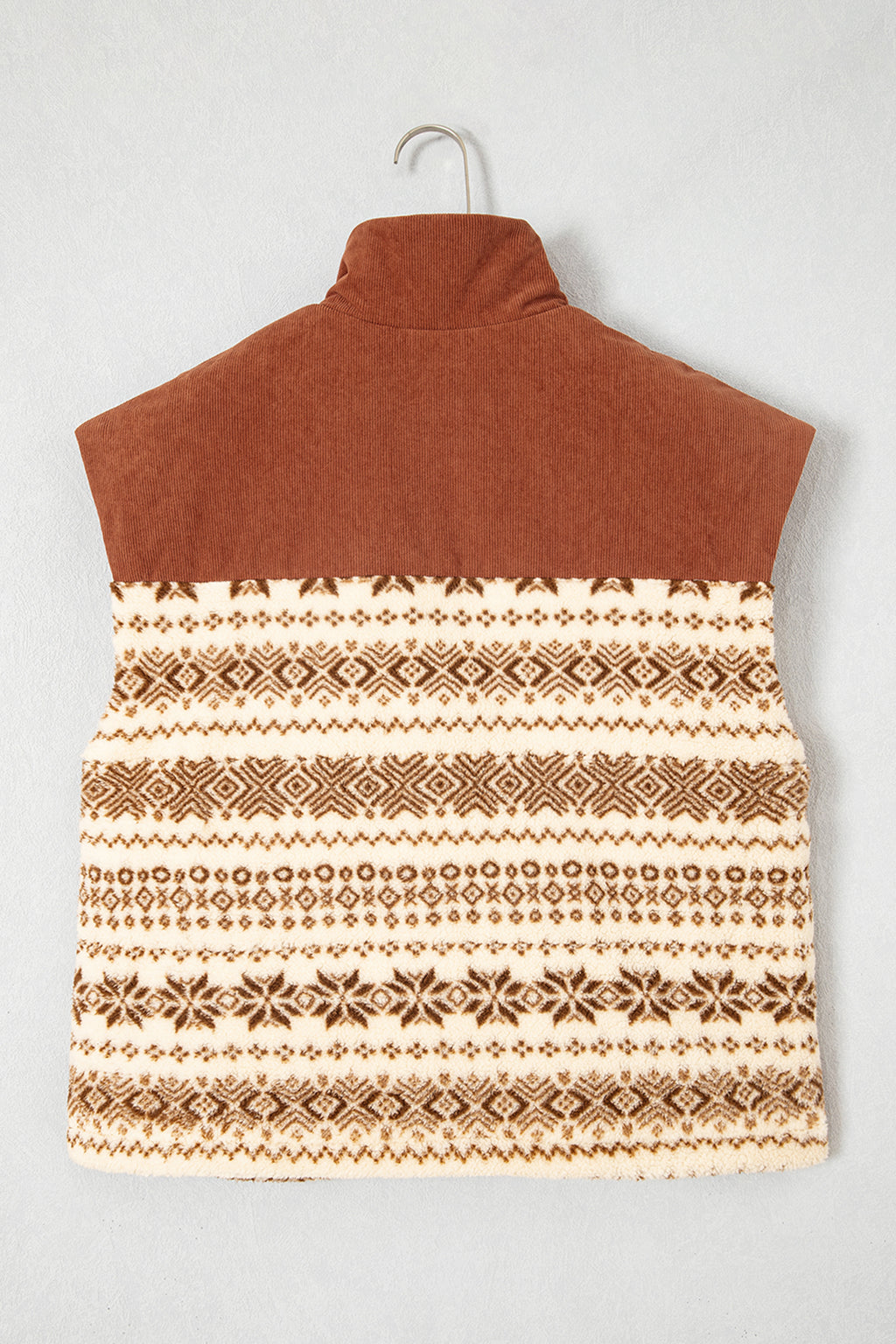 *Brown Geometric Print Fleece Metal Zipper Collar Patchwork Design Vest