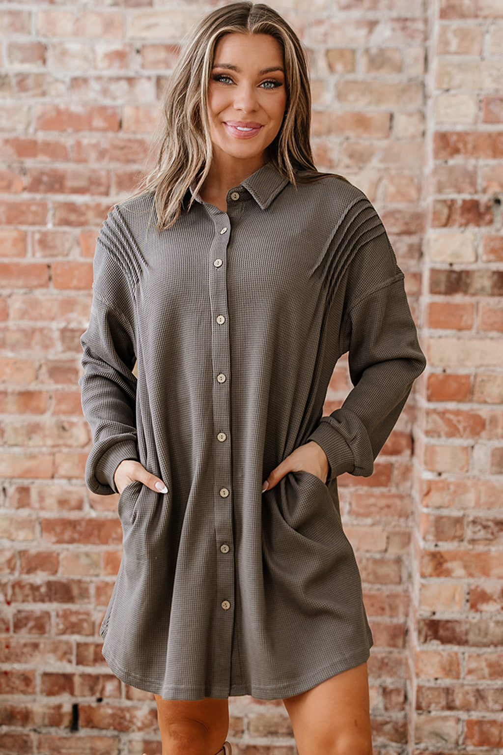 *Simply Taupe Waffle Knit Shirt Tunic Dress