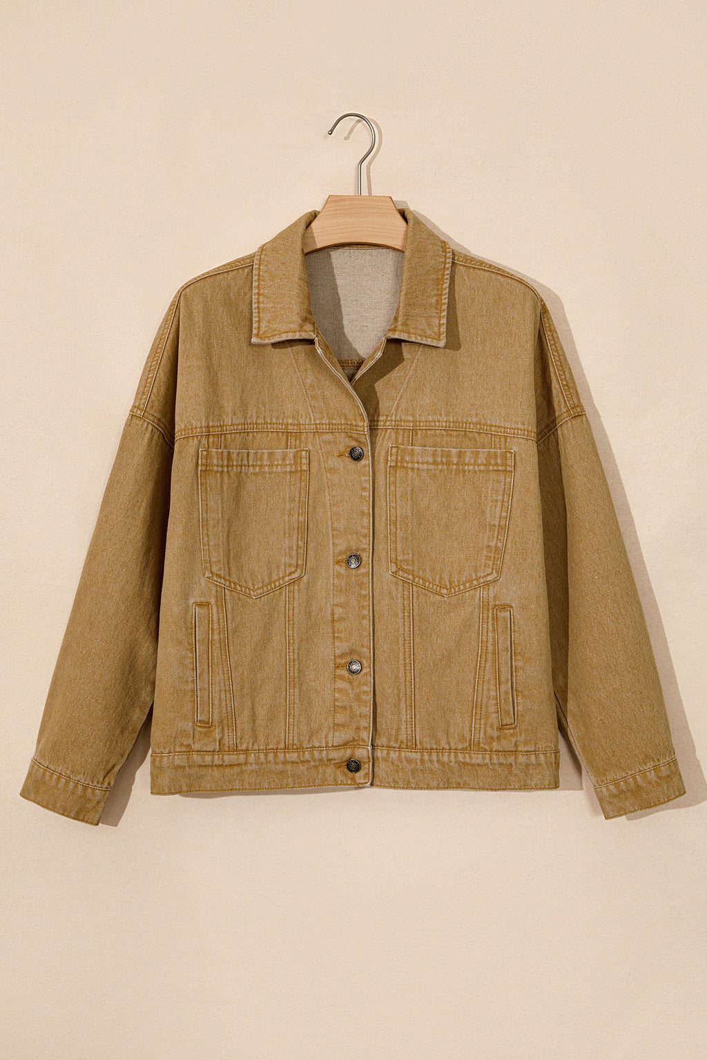 honey gold Metal Button Front Long Sleeve Collar Denim Jacket