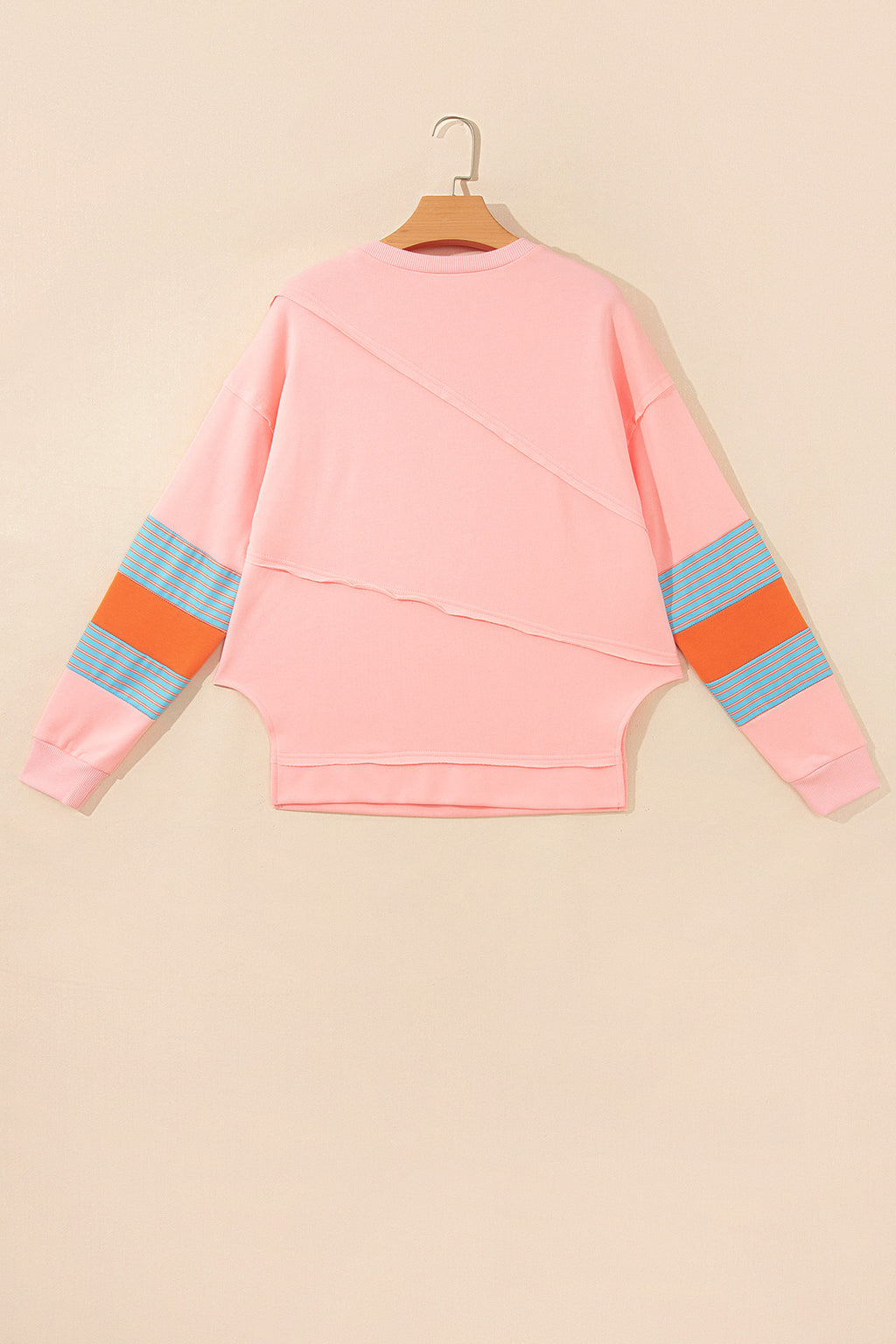 *Pink Colorblock Striped Patchwork Long Sleeve Round Neck Blouse