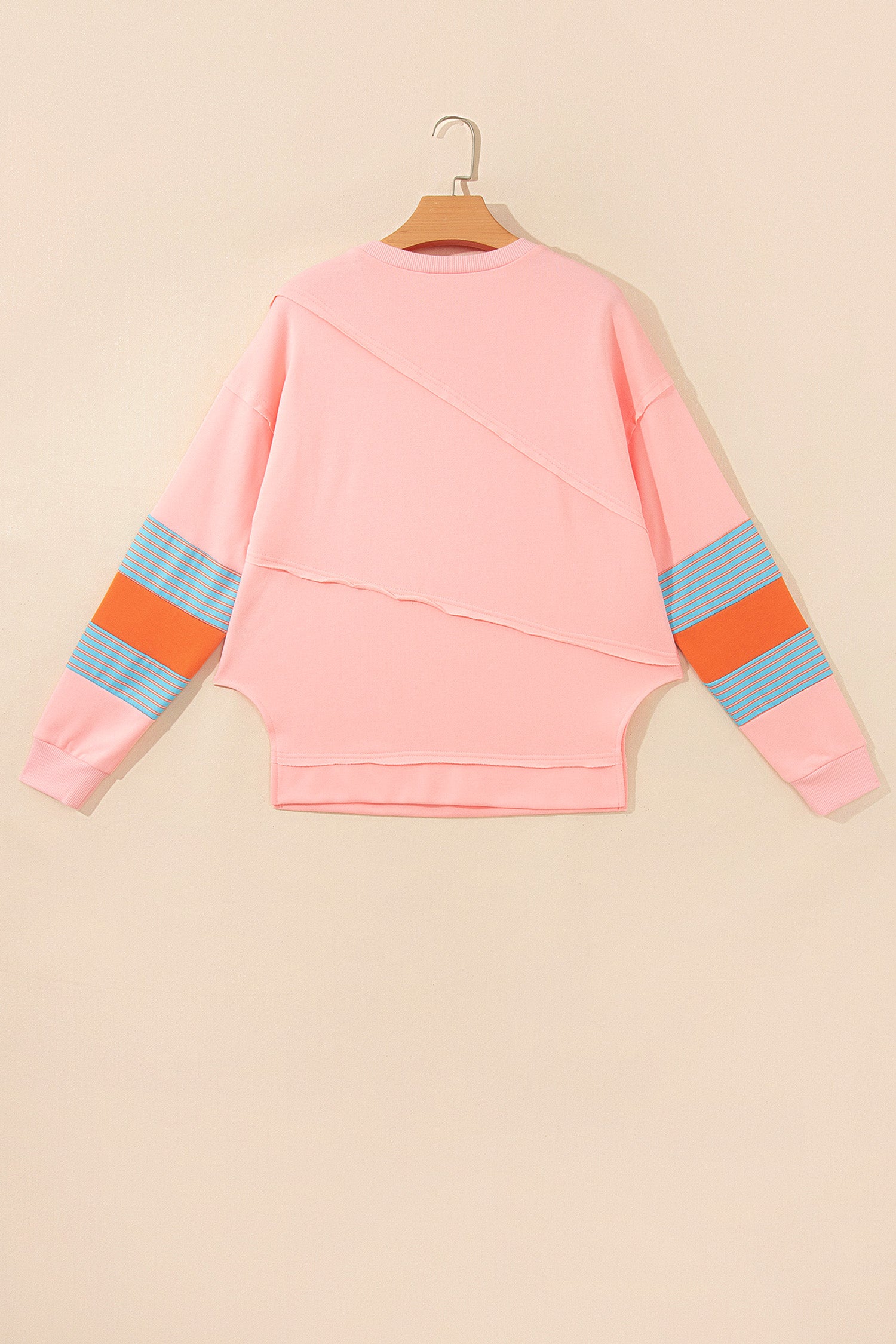 *Pink Colorblock Striped Patchwork Long Sleeve Round Neck Blouse