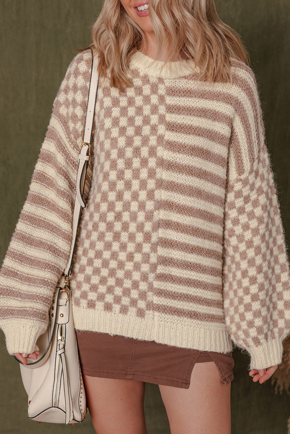 *Khaki Stripe Checkerboard Drop Shoulder Balloon Sleeve Sweater