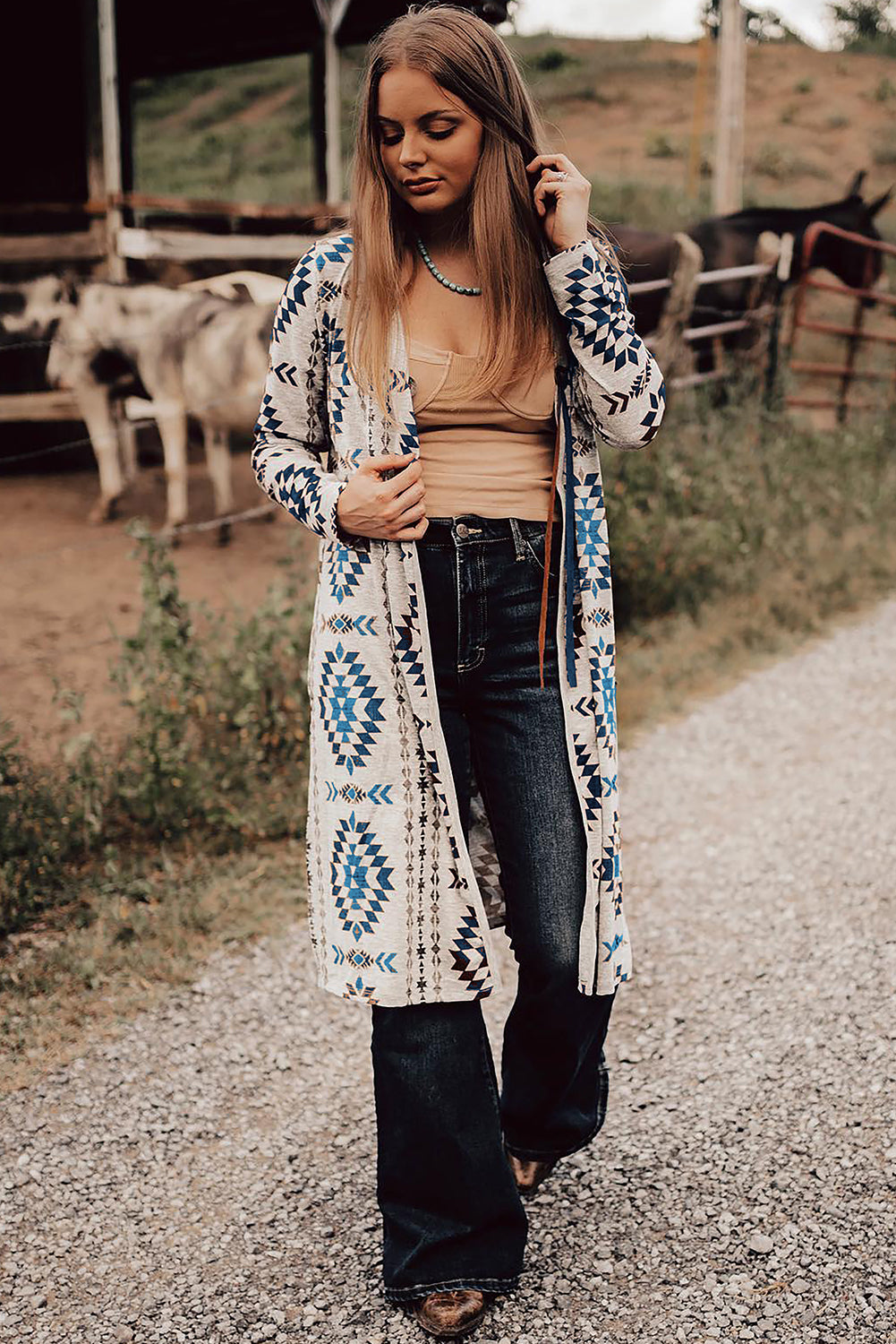 *Brown Western Aztec Printed Open Front Long Cardigan