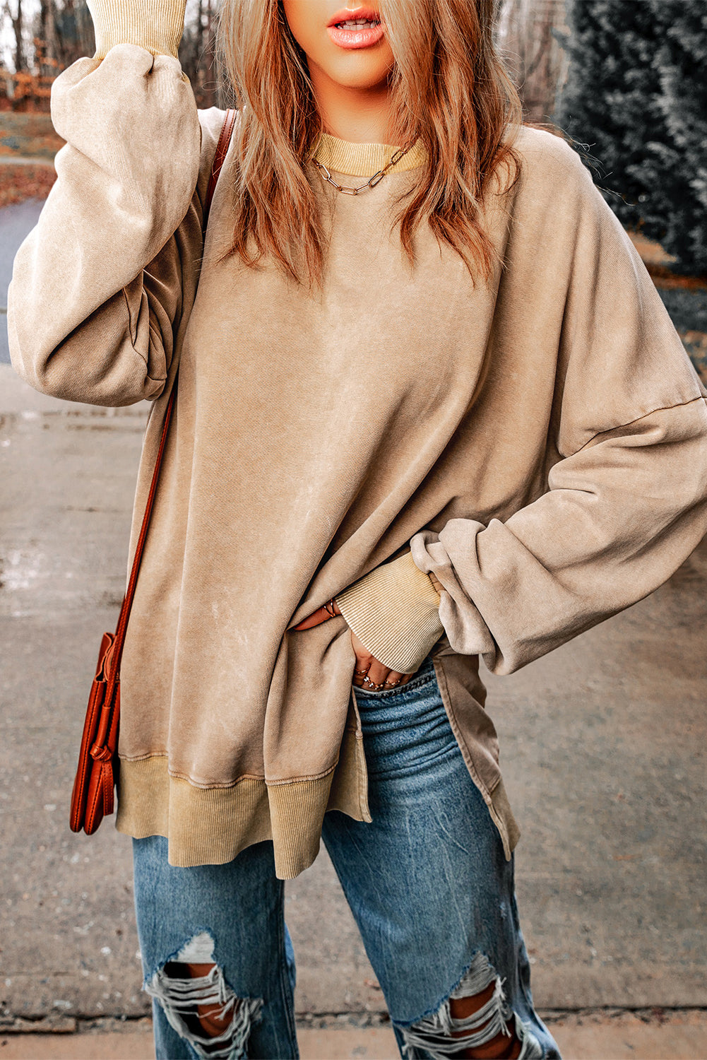 *Khaki Drop Shoulder Ribbed Trim Oversized Sweatshirt