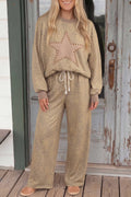 *Khaki Leopard Star Print Long Sleeve Loose Casual Two Piece Pants Set