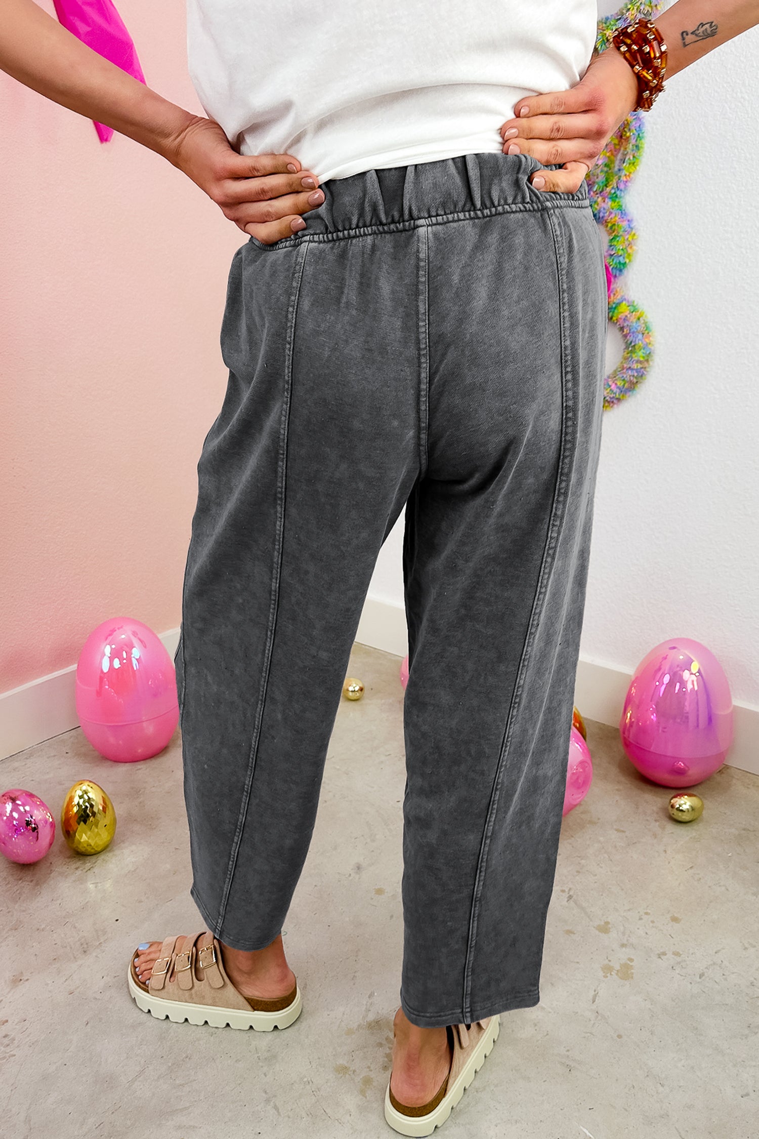 *Carbon Grey Mineral Wash Seam Detail Elastic Waist Barrel Pants