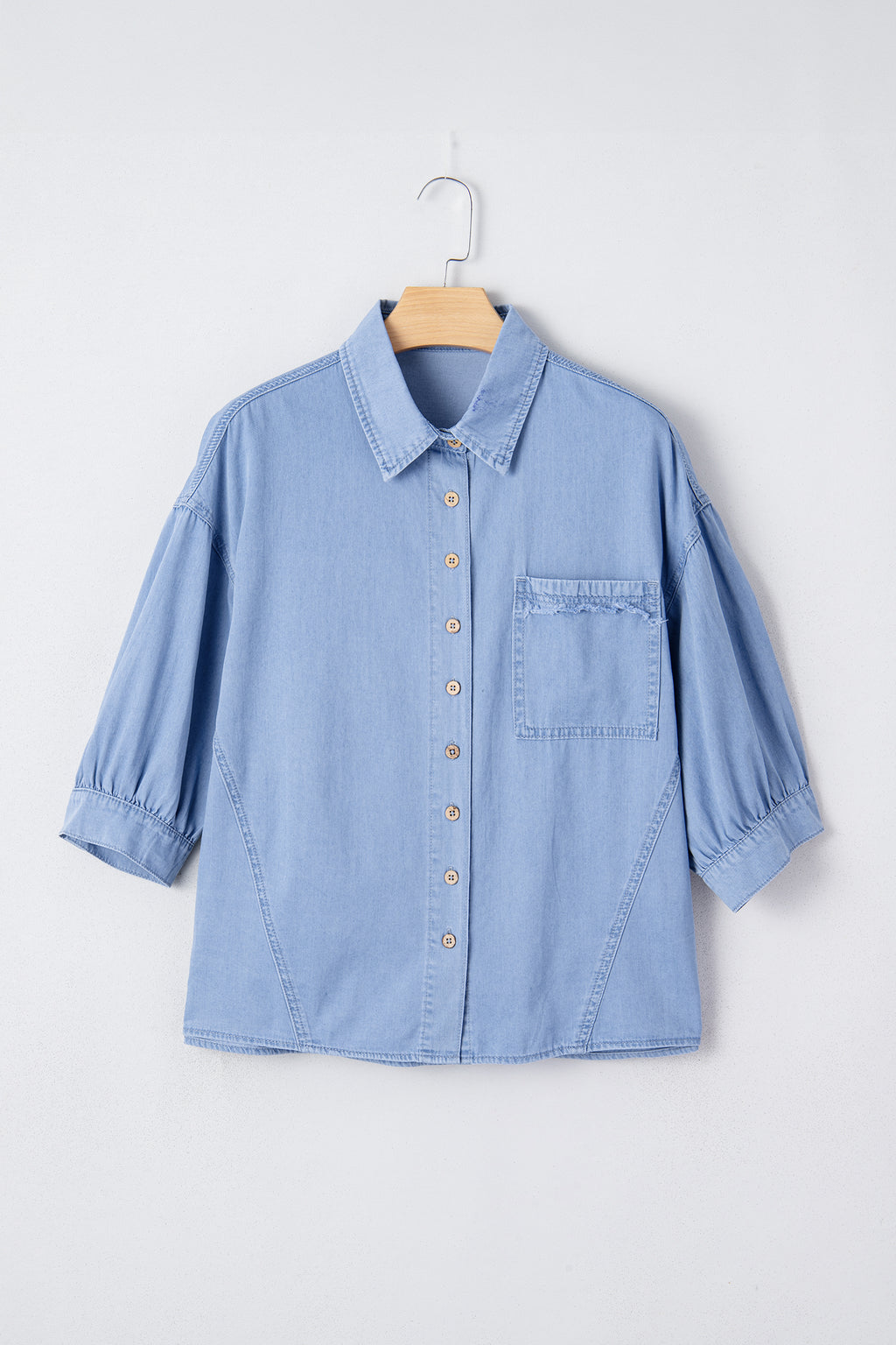 *Myosotis Washed Drop Shoulder Bracelet Sleeve Chambray Shirt