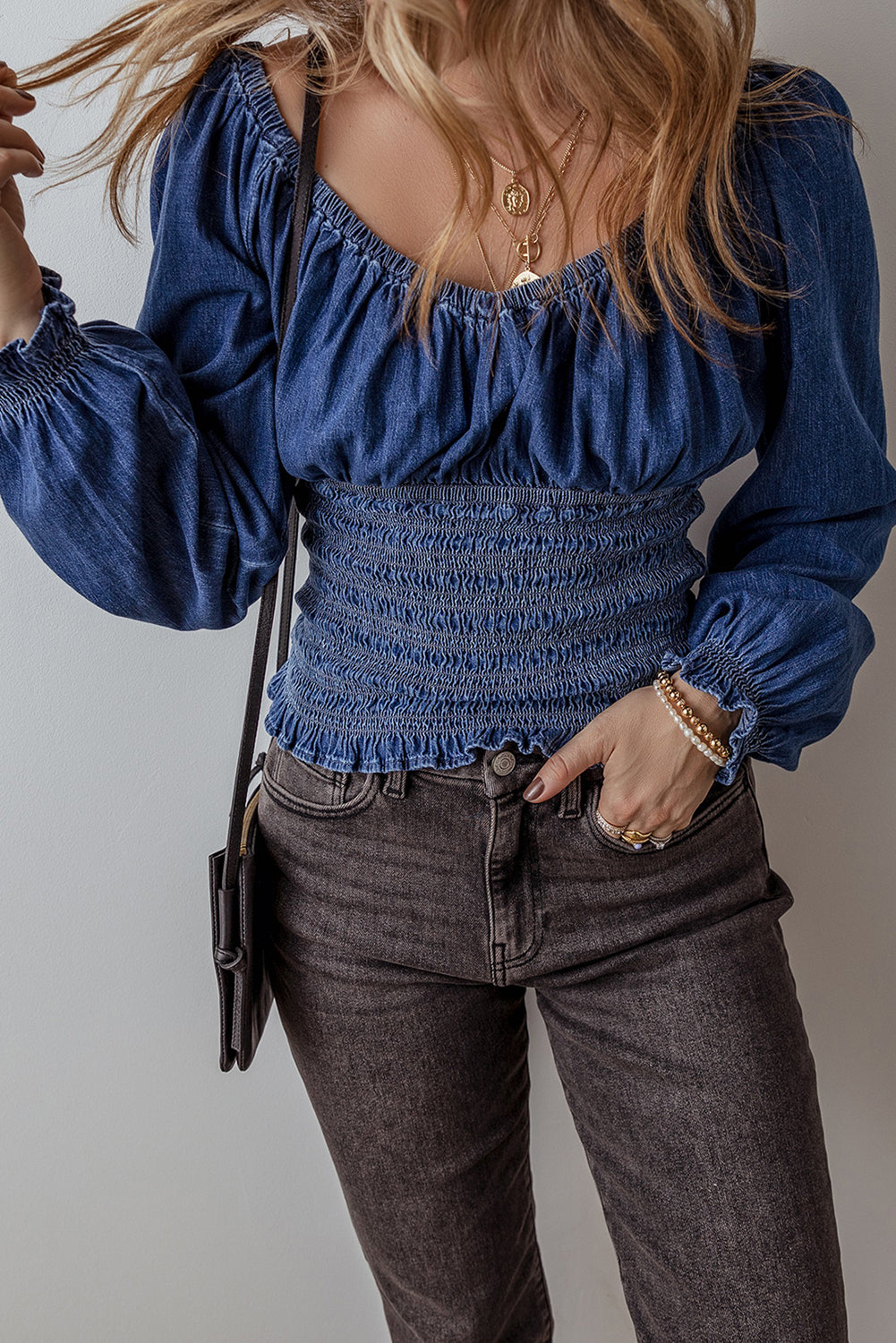 *Dark Blue Smocked Ruffled Puff Sleeve V Neck Denim Blouse