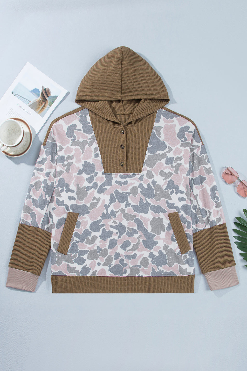*Khaki Camouflage Print Waffle Knit Patchwork Half Zip Plus Size Hoodie