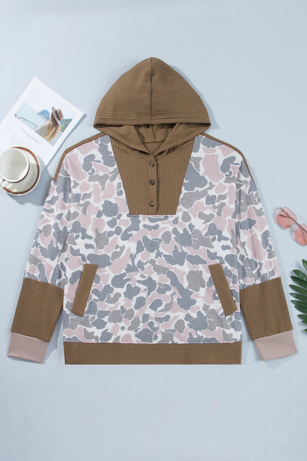 *Khaki Camouflage Print Waffle Knit Patchwork Half Zip Plus Size Hoodie